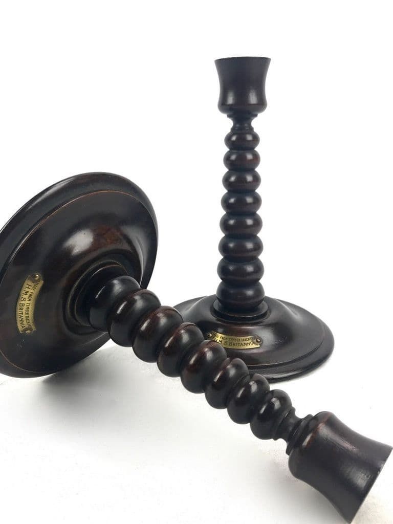 Antique Wood Barley Twist Candle Stick Pair Made From Timber From Hms Britannia photo Home Decor