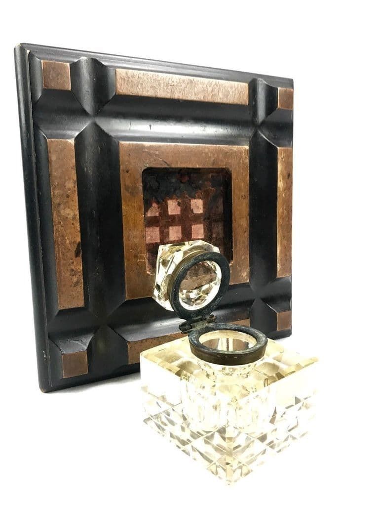 Antique Wooden Desk Stand With Smoked Cut Glass Inkwell / Large / Victorian photo for sale