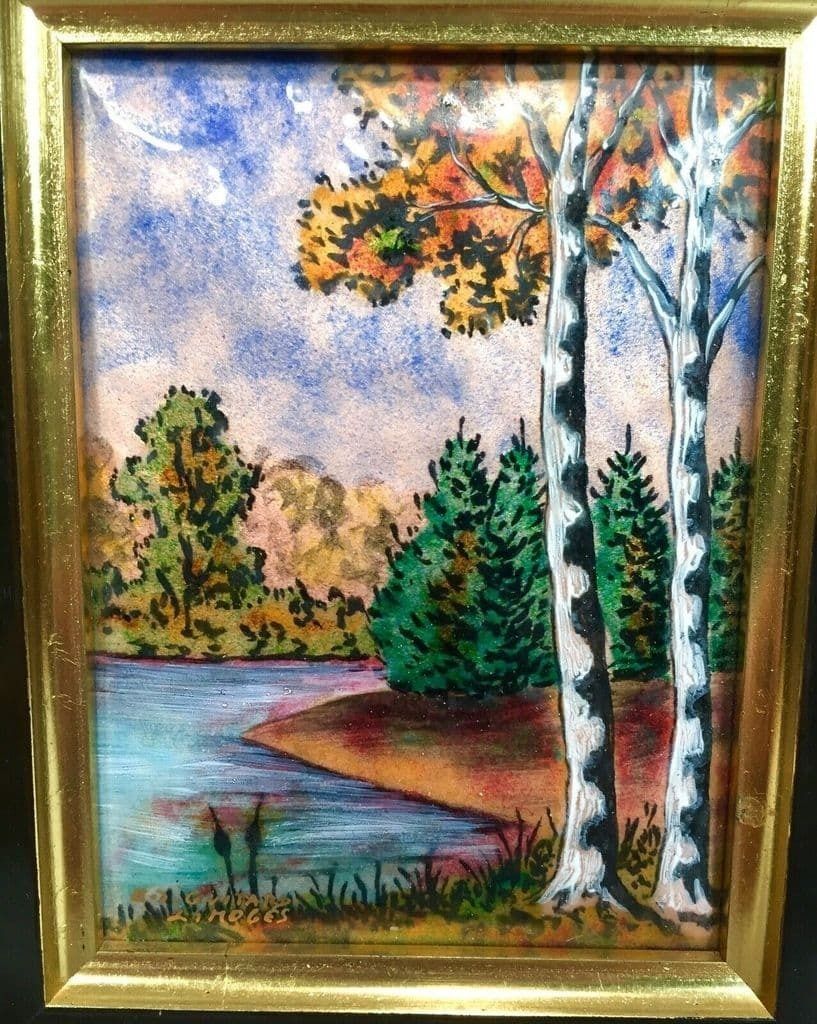 Framed Enamel On Copper E J Guitard Of Limoges, France, Painting Pair C.1970 photo 100.0