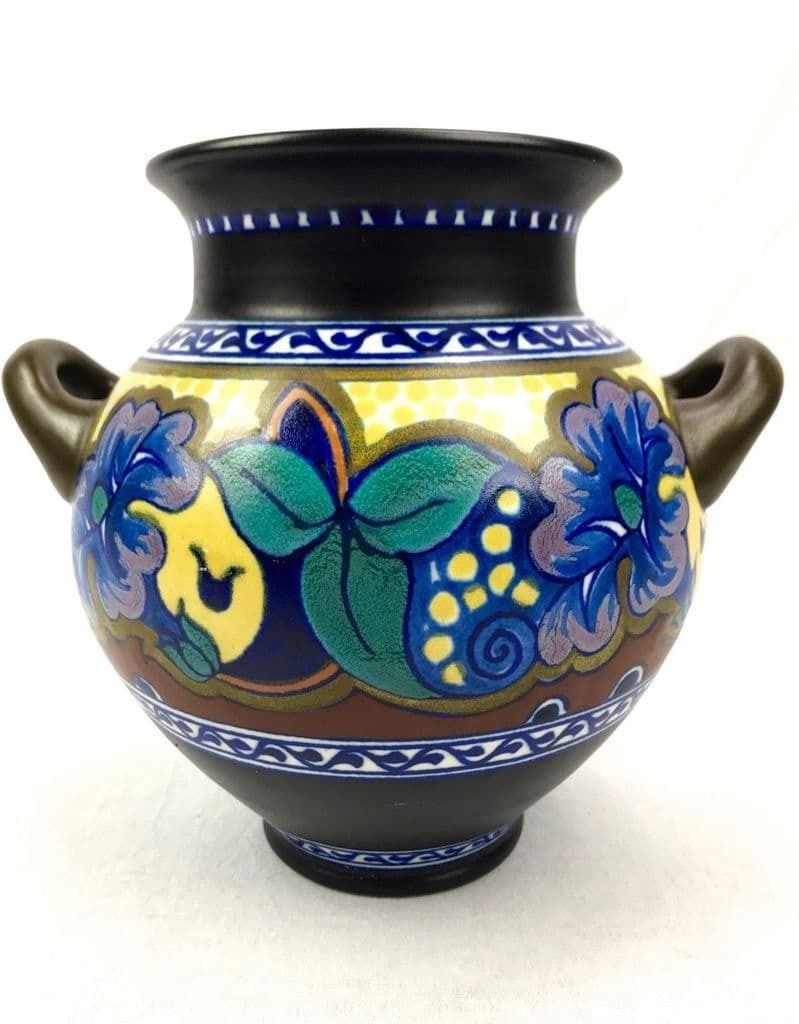 Antique Gouda Vase / Planter / Art Deco Dutch Pottery / Blue / Brown / Floral photo Home Decor
