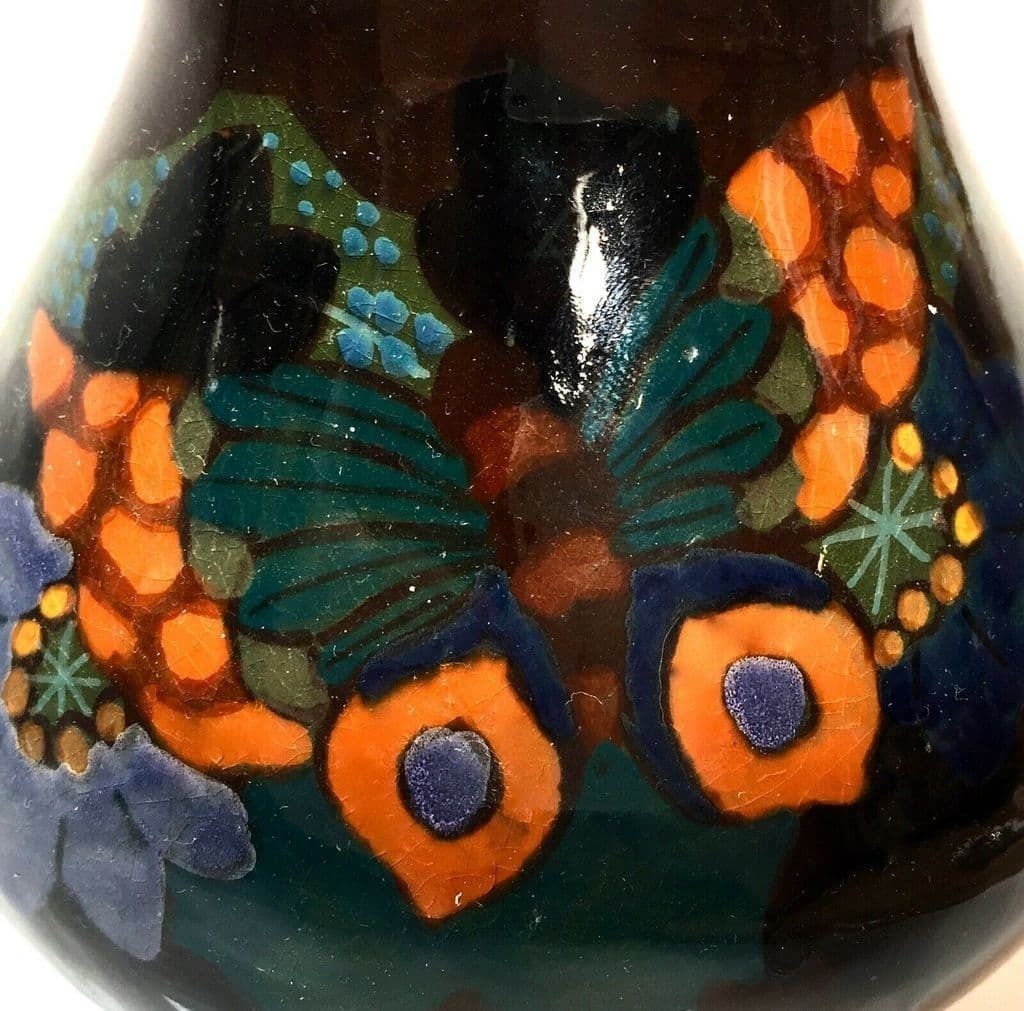 Antique High Glaze Gouda Pottery Art Deco Butterfly Vase / Dutch / Blue / Green photo Home Decor