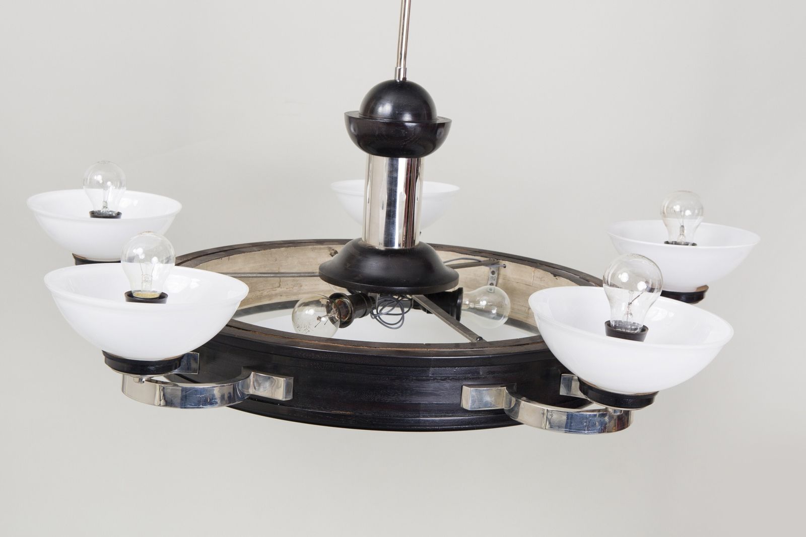 Art Deco Chandelier, Made In Germany In The 1930s. Nickel, Oak And Glass photo for sale