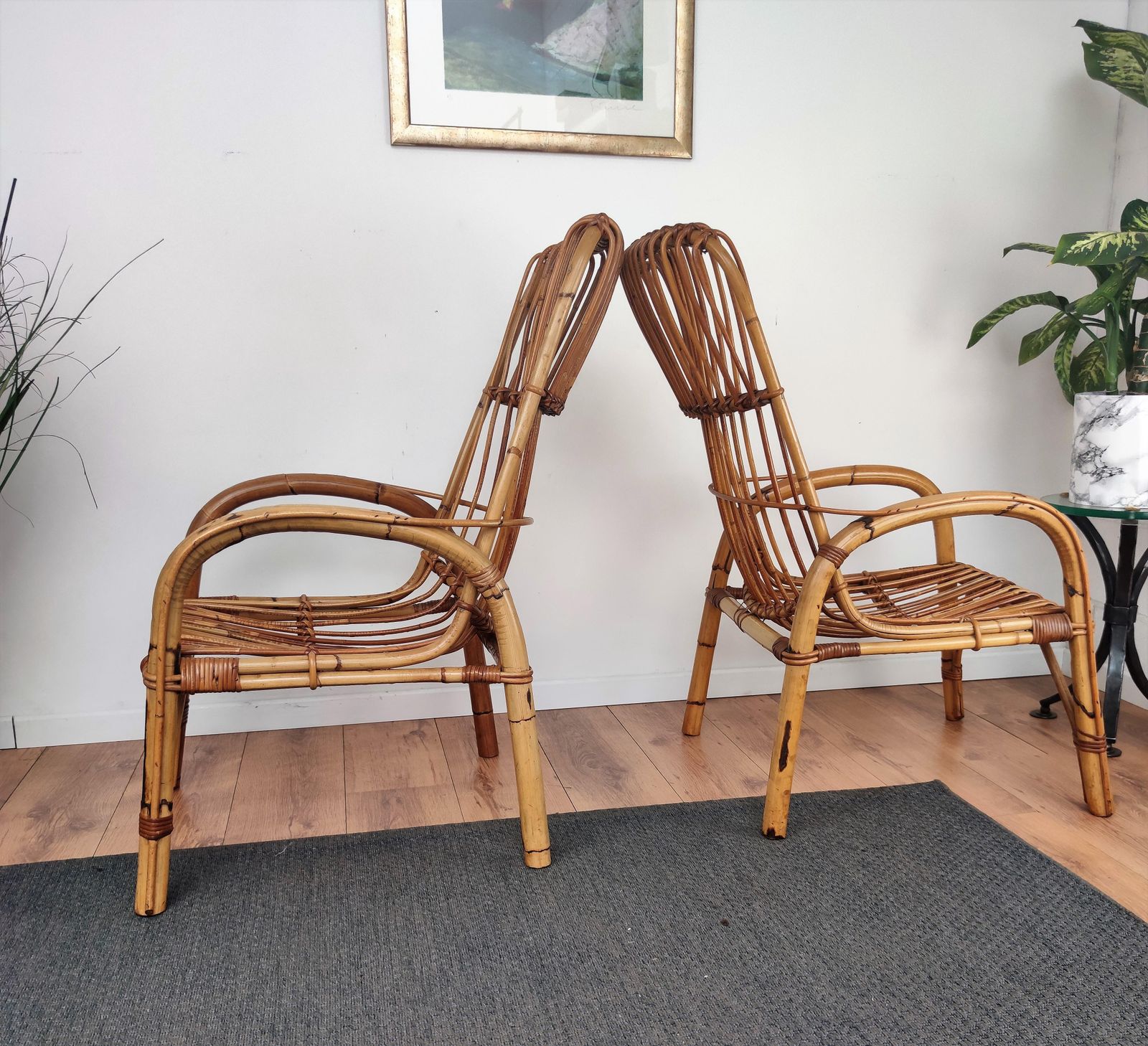 Pair Of 60s Italian Bent Bamboo Rattan Bohemian French Riviera Lounge Armchairs photo Furniture