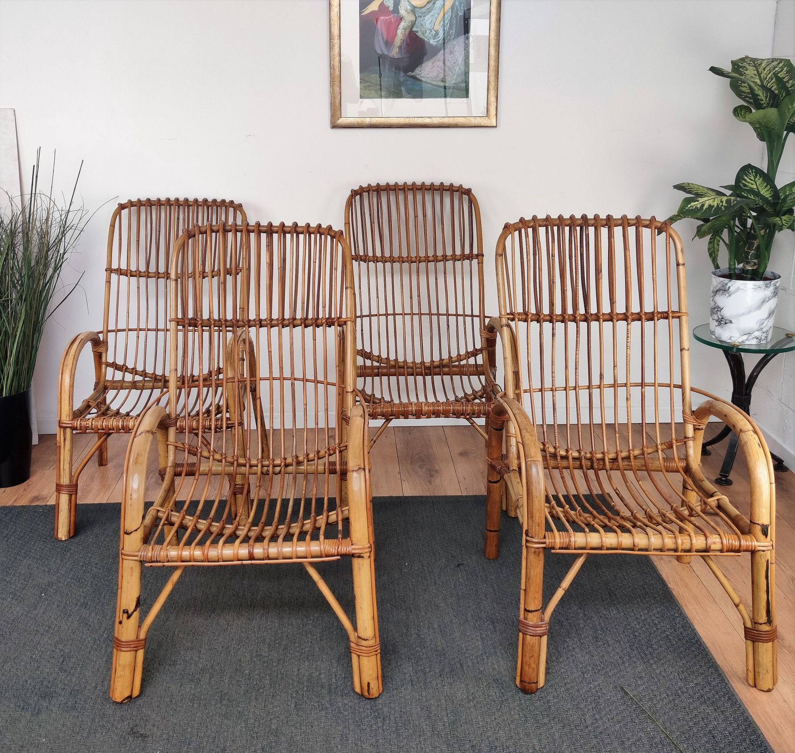 Pair Of 60s Italian Bent Bamboo Rattan Bohemian French Riviera Lounge Armchairs photo vintage