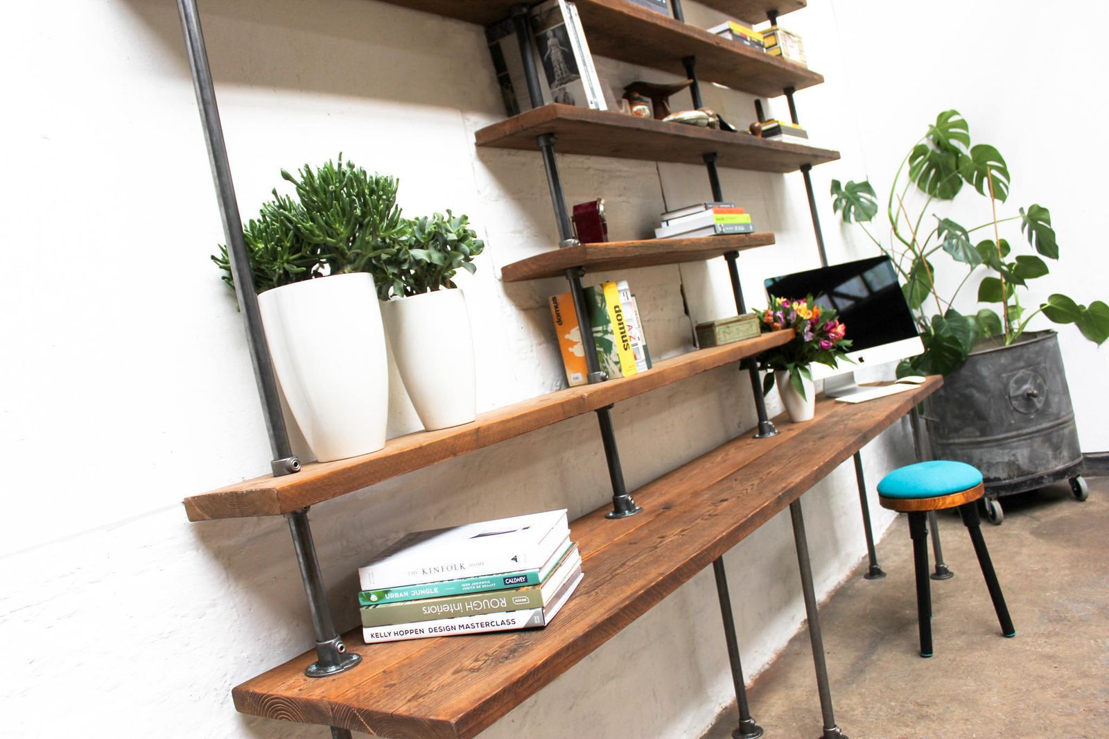 Susannah Bespoke Chestnut Stained Recycled Scaffolding Boards And Dark Steel Pipe Desk And Adjustable Shelves photo for sale