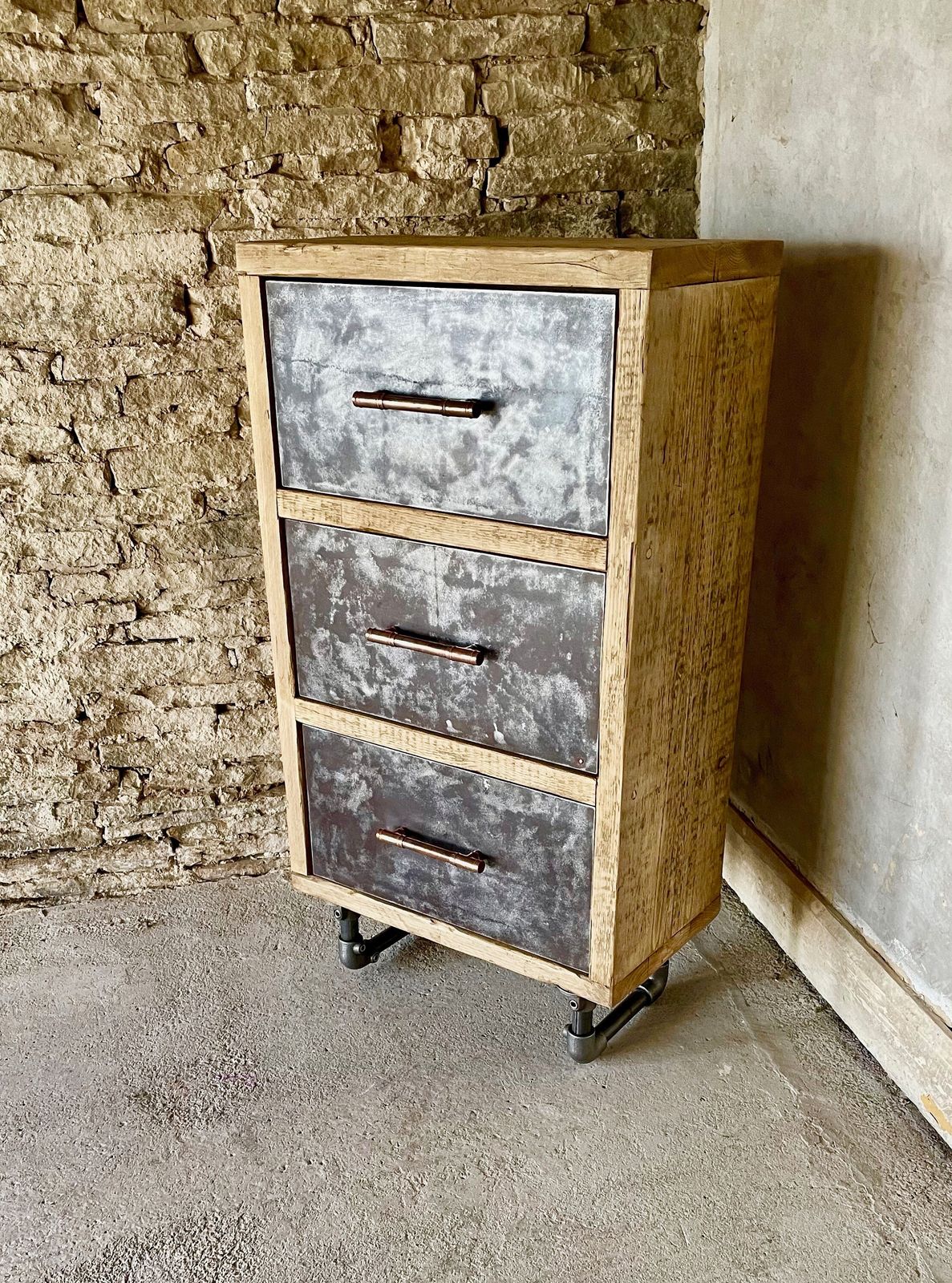 Helder Reclaimed Scaffolding Board And Patinated Steel Drawer Unit On Dark Steel Legs With Aged Copper Handles   Filing, Or Bedside, Cabinet photo for sale