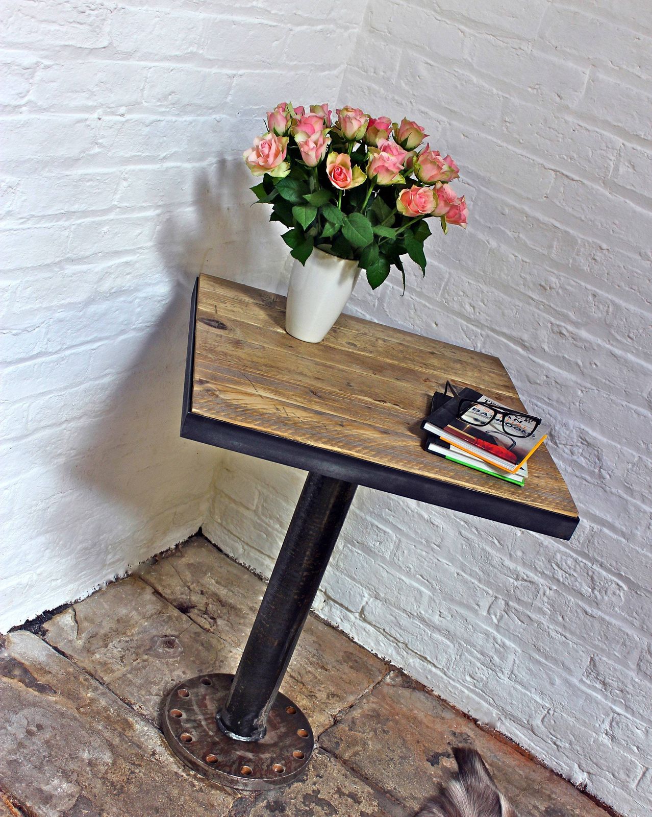 Artus Pedestal Reclaimed Wood Bistro Table With Dark Steel Angle Iron Frame And Distressed Pipe And Heavy Pedestal Base
