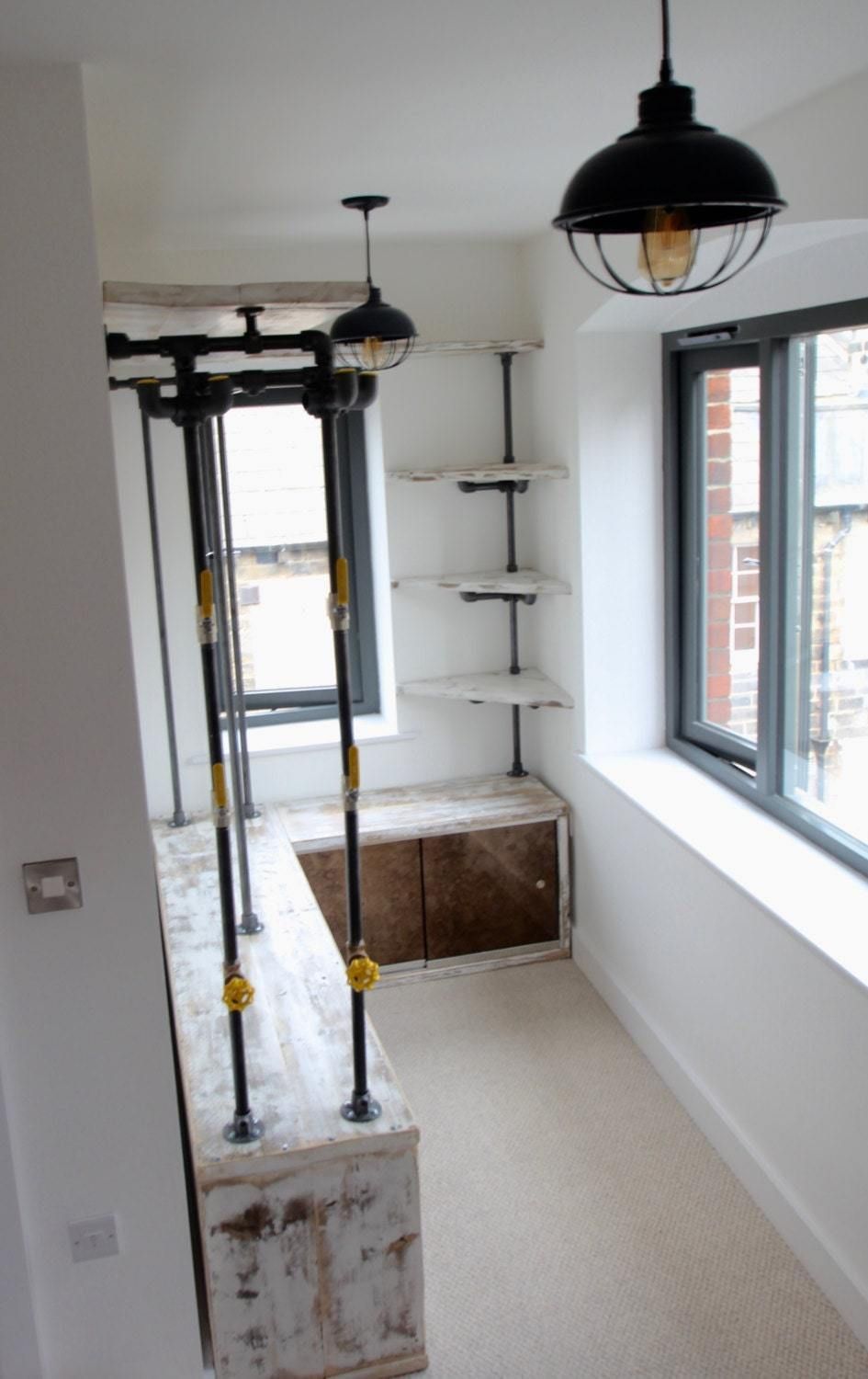 Eli White Washed (And Sanded) Reclaimed Scaffolding Board And Dark Steel Pipe Dressing Room System With Antique Mirror Sliding Doors photo for sale