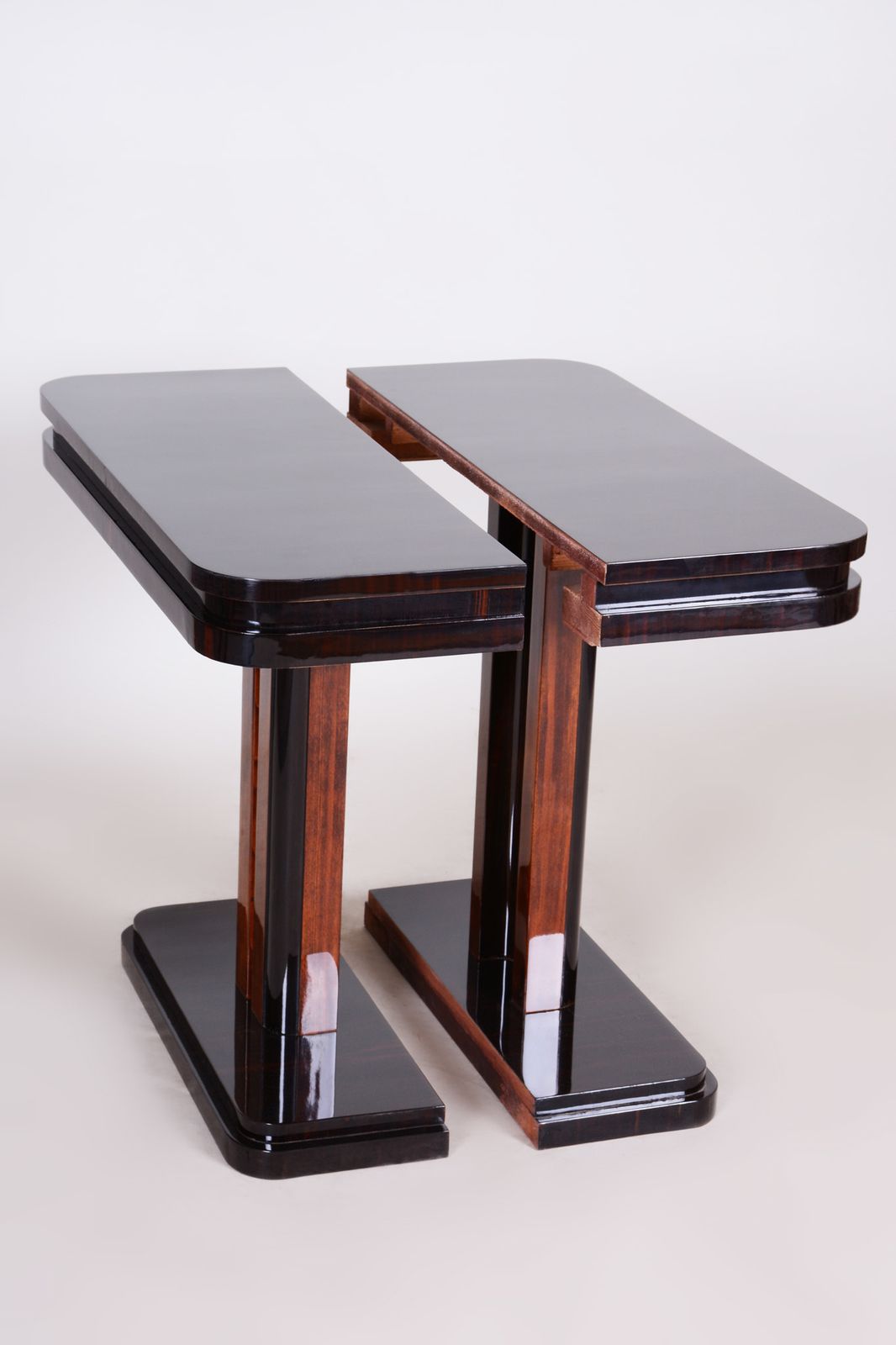 Pair Of Unique French Artdeco Bed Side Tables, High Gloss, Makasar, 1920s photo for sale