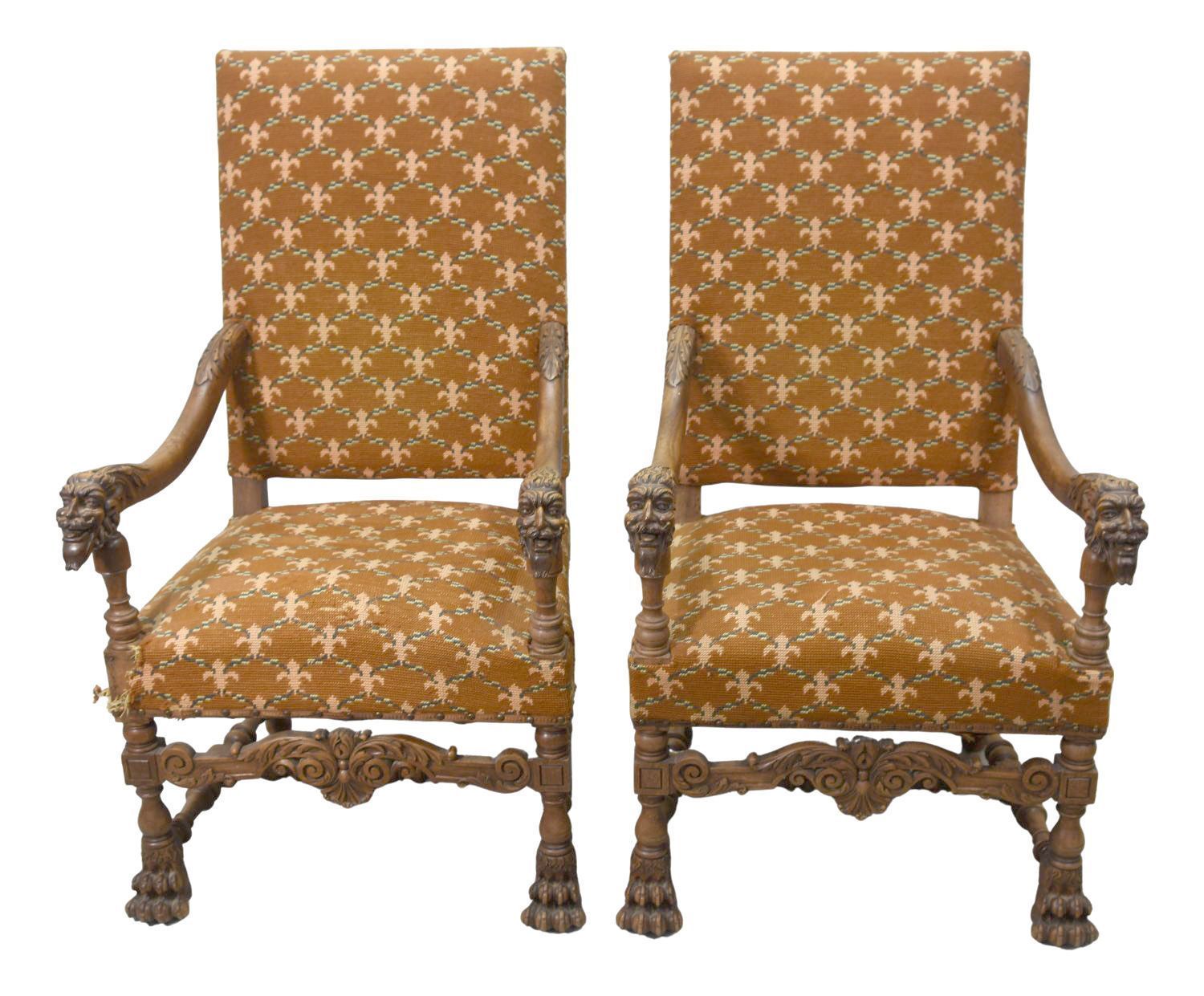Renaissance Style Walnut Armchairs With Devils Heads
