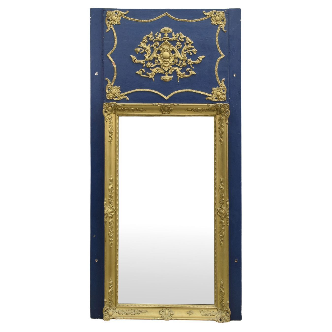 Louis XVI Style 19th Century Trumeau In Wood And Royal Blue Lacquered Stucco