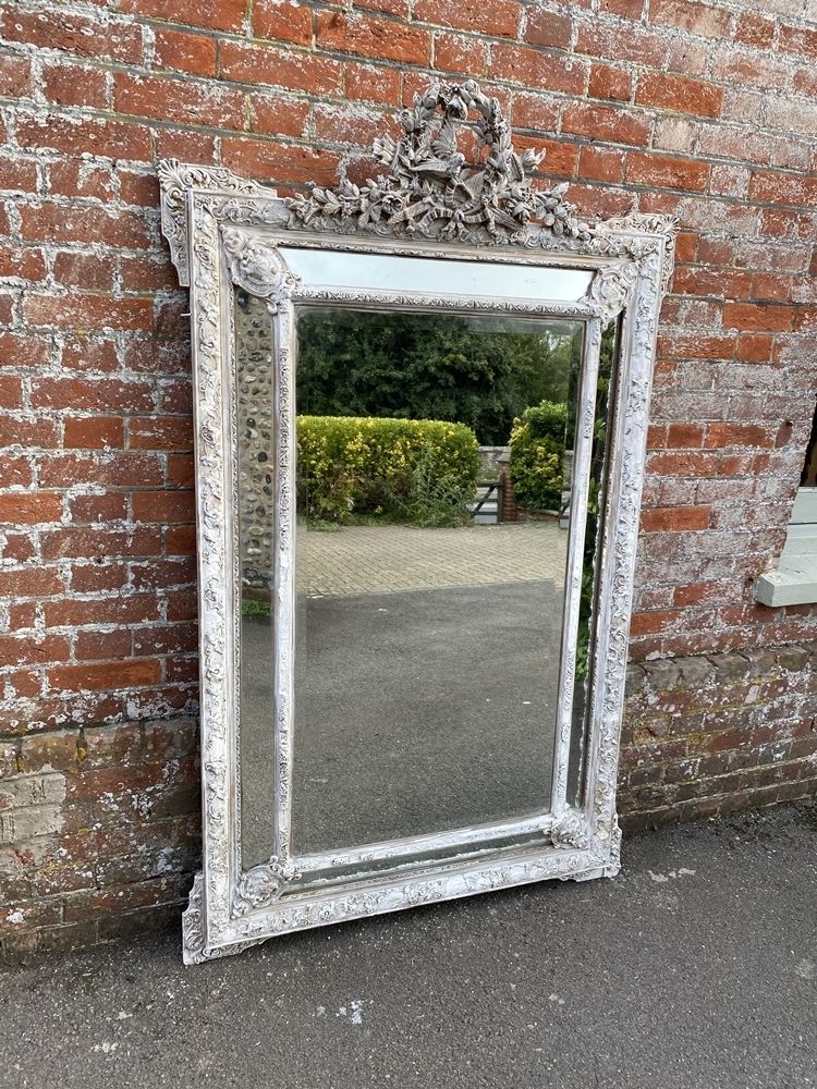 A Stunning Large Antique French 19th Century Carved Wood & Gesso Distressed Painted Cushion Mirror.