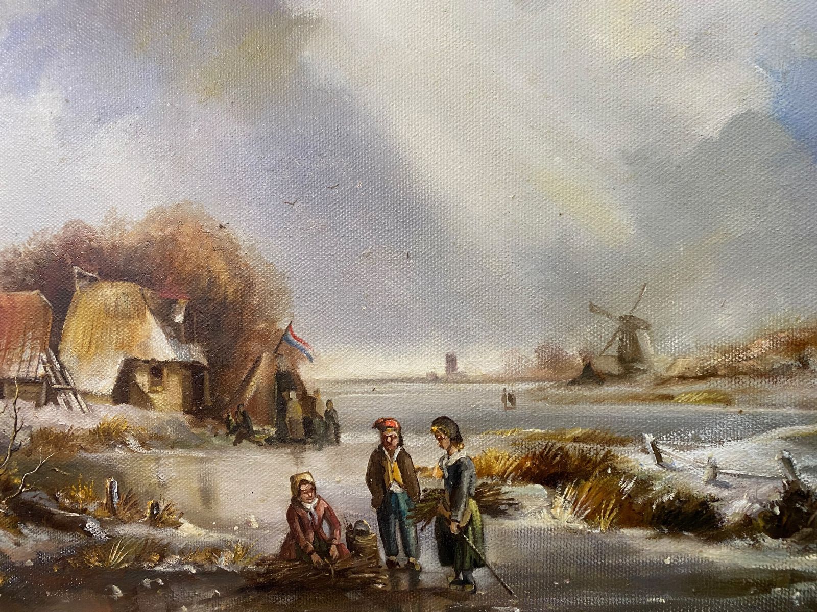 Oil Painting   'Figures Collecting Firewood By River Cottage' Signed Wilson photo furniture