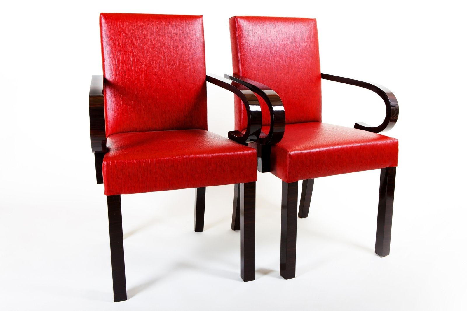 Red Leather Armchairs, Art Deco. Made In 1920s France. Designed By Dominique