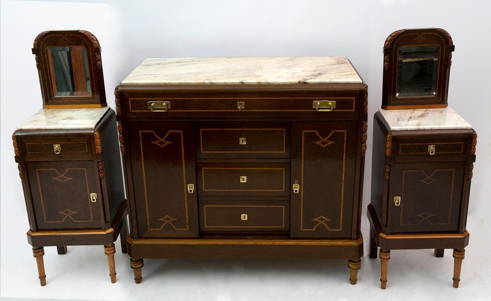 photo furniture Pair Of Liberty Italian Thuja Briar And Pink Portugal Marble Bedside Tables, 20s