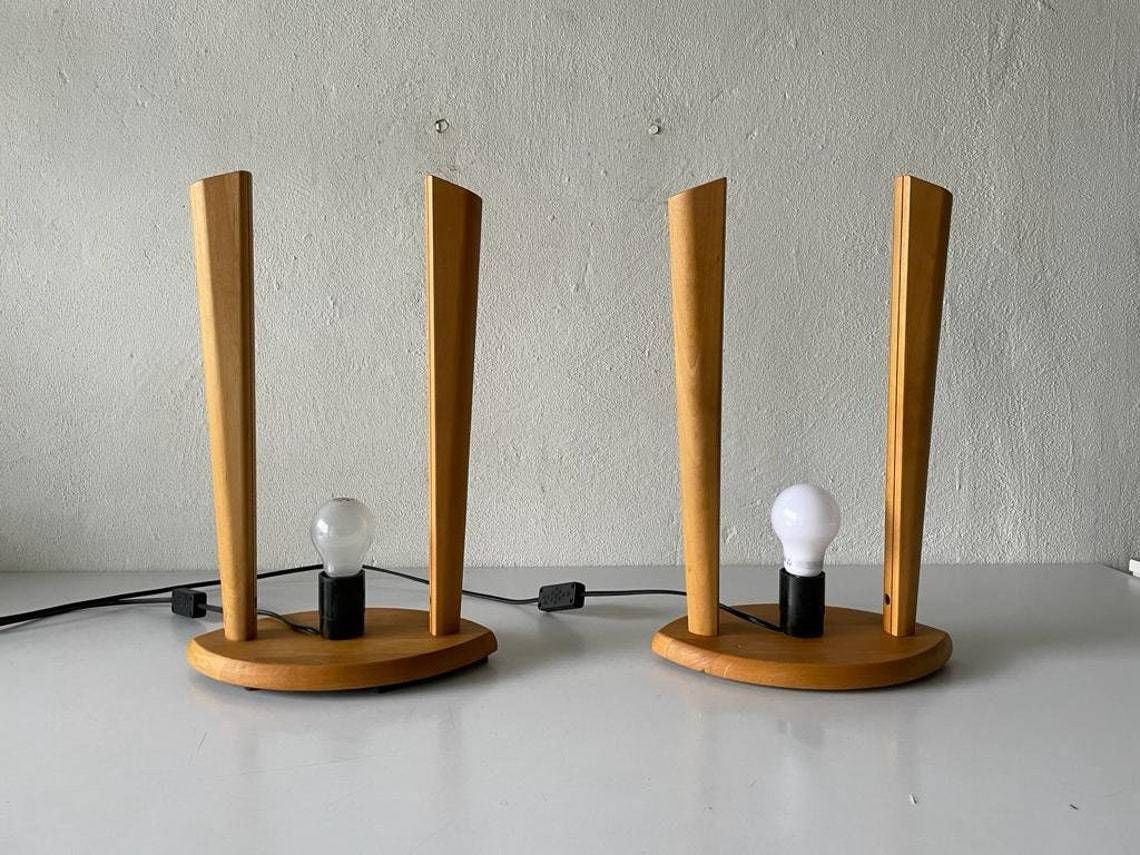 photo for sale Plastic Paper And Wood Frame Pair Of Table Lamps By Domus 1980s Italy