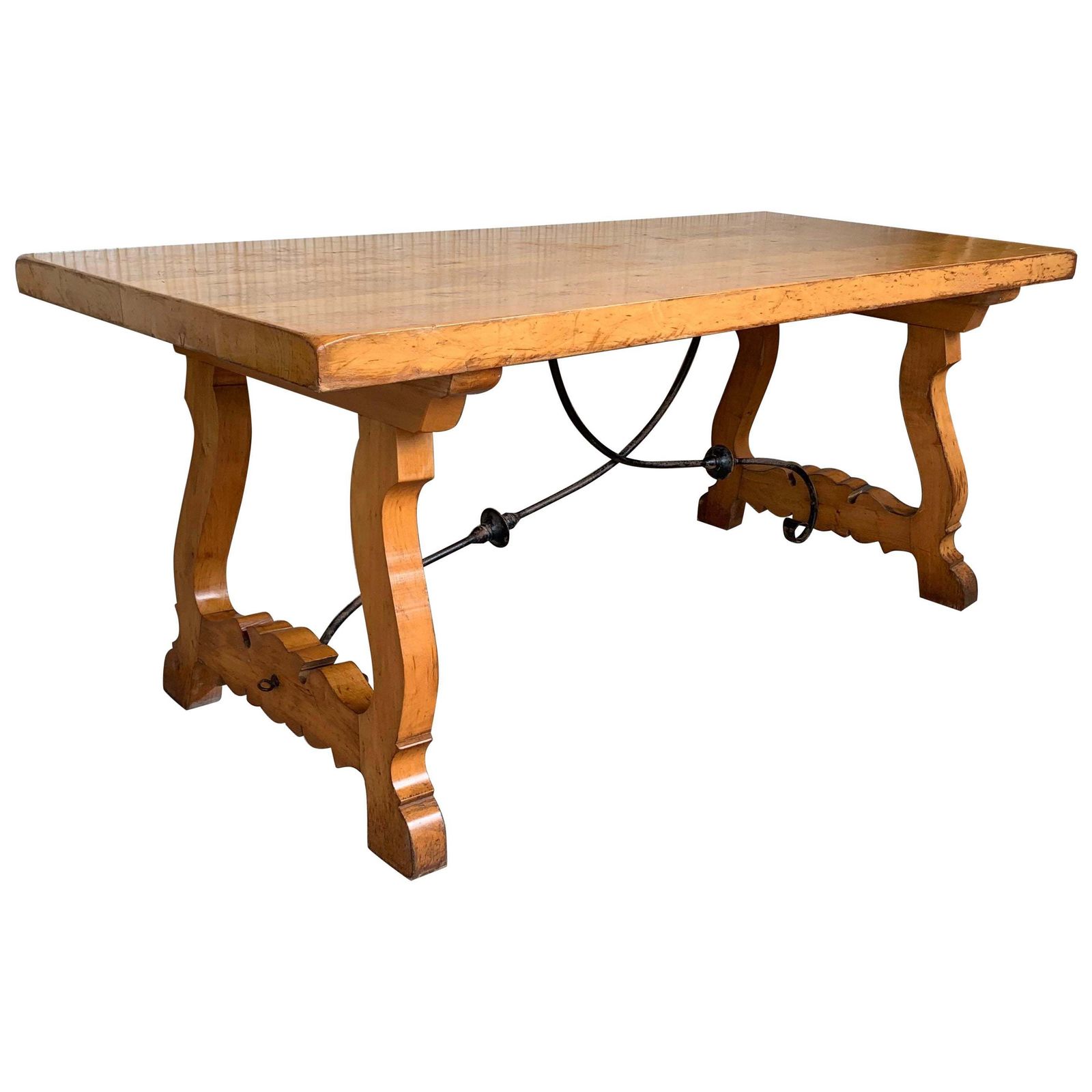 Table de ferme à manger espagnole du XXe siècle, pieds en lyre en cyprès, tréteaux
