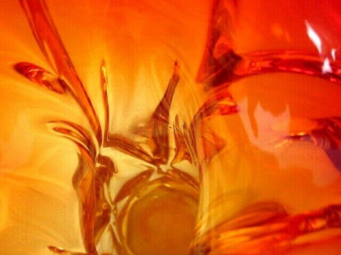photo for sale Urano Abstract Art Glass Palm Tree Vase Red Amberina Gold Italy C50s Vintage