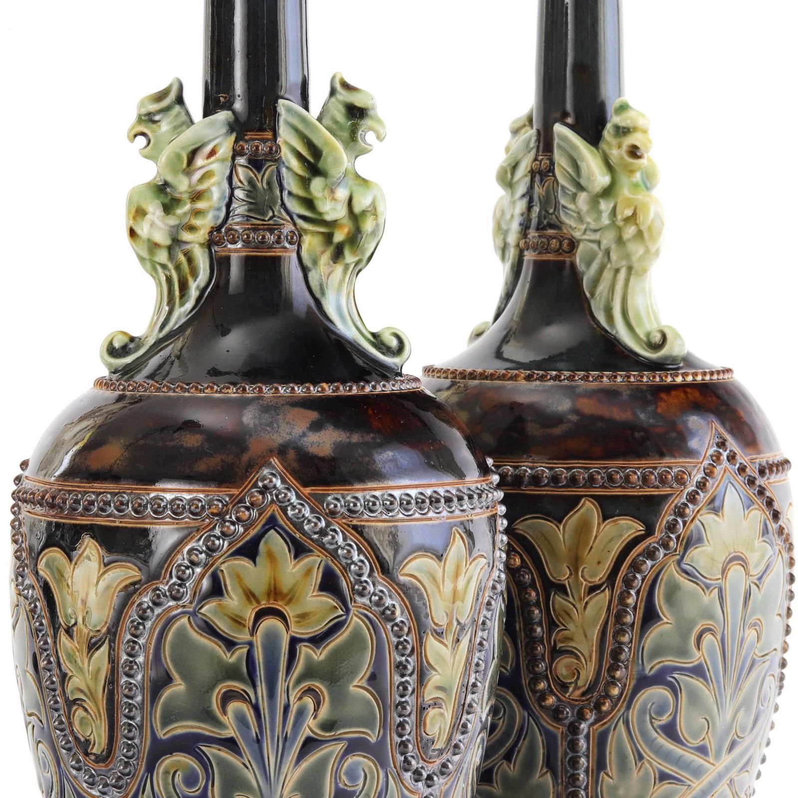 Pair Of Doulton Lambeth Bottle Vases With Applied Griffins By Frank Butler C1885 photo furniture