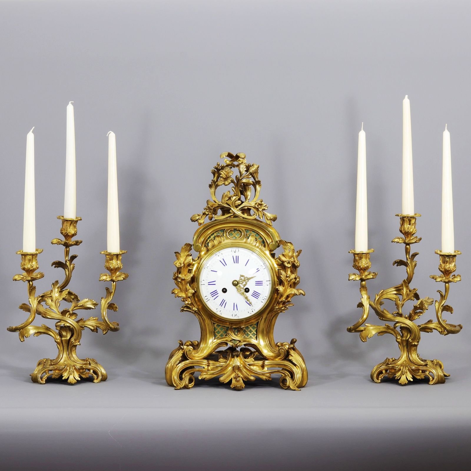 French Gilt Bronze Striking Mantel Clock With Garniture By Vincenti & Cie C.1860 photo furniture