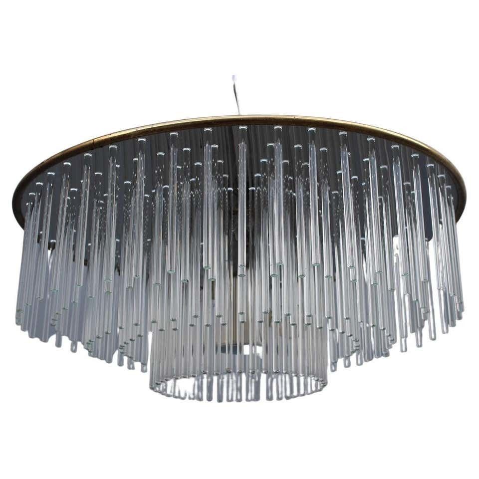 Sciolari Round Brass And Steel Minimal Chandelier Italian Design Crystall, 1960