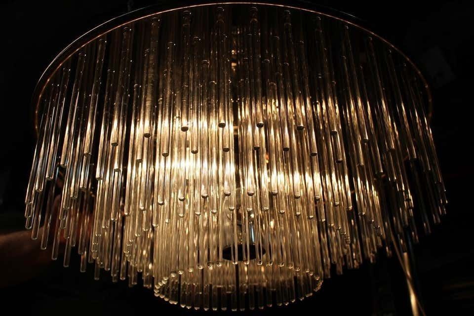Lighting Sciolari Round Brass And Steel Minimal Chandelier Italian Design Crystall, 1960 photo