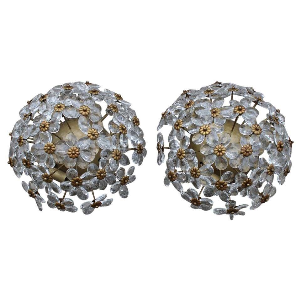 Round Pair Of Bouque Of Flowers In Crystal And Metal French Design, 1950s