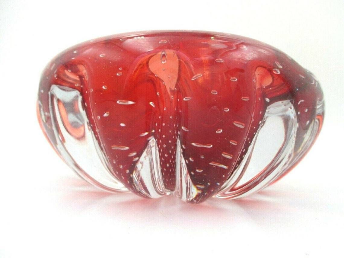 Flying Saucer Volante 60s Art Glass Murano Sommerso Bowl Red Bullicante Ribbed photo for sale