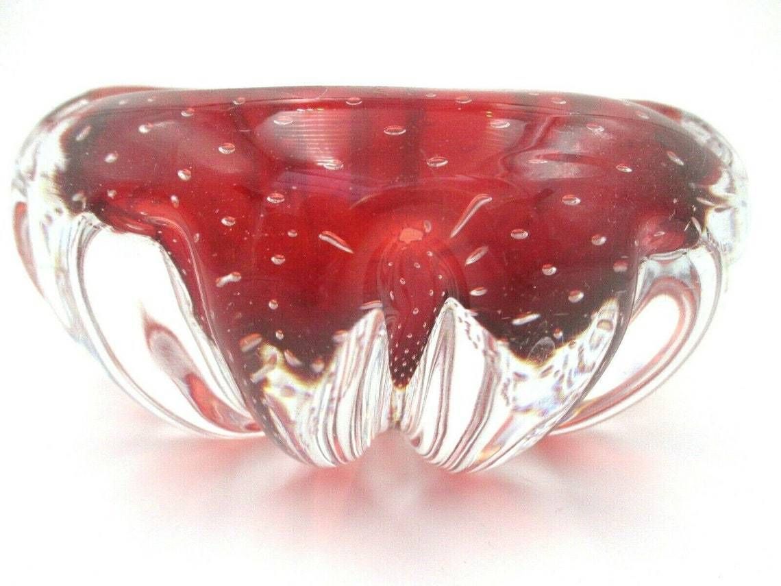 Flying Saucer Volante 60s Art Glass Murano Sommerso Bowl Red Bullicante Ribbed photo Home Decor