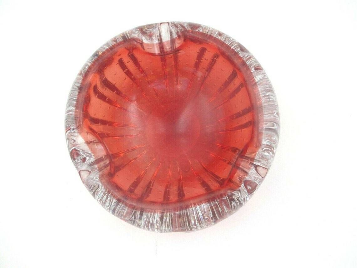 Flying Saucer Volante 60s Art Glass Murano Sommerso Bowl Red Bullicante Ribbed photo vintage