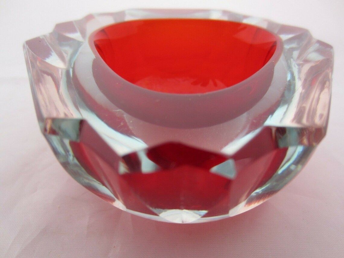 Murano Poli Seguso Era Red In Blue Faceted Sommerso Art Glass Geode Bowl photo vinterior