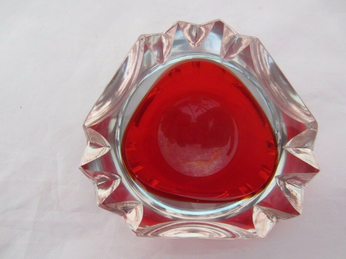 Murano Poli Seguso Era Red In Blue Faceted Sommerso Art Glass Geode Bowl photo buy