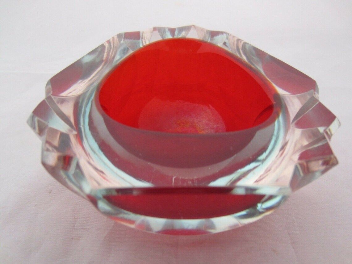 photo for sale Murano Poli Seguso Era Red In Blue Faceted Sommerso Art Glass Geode Bowl