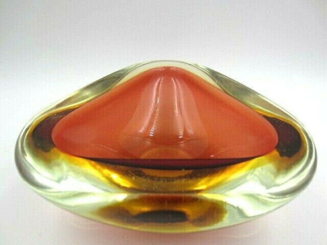 Murano Poli Seguso Era Xl Amber / Amber Art Glass Mid Century Tricorn Geode Bowl photo furniture
