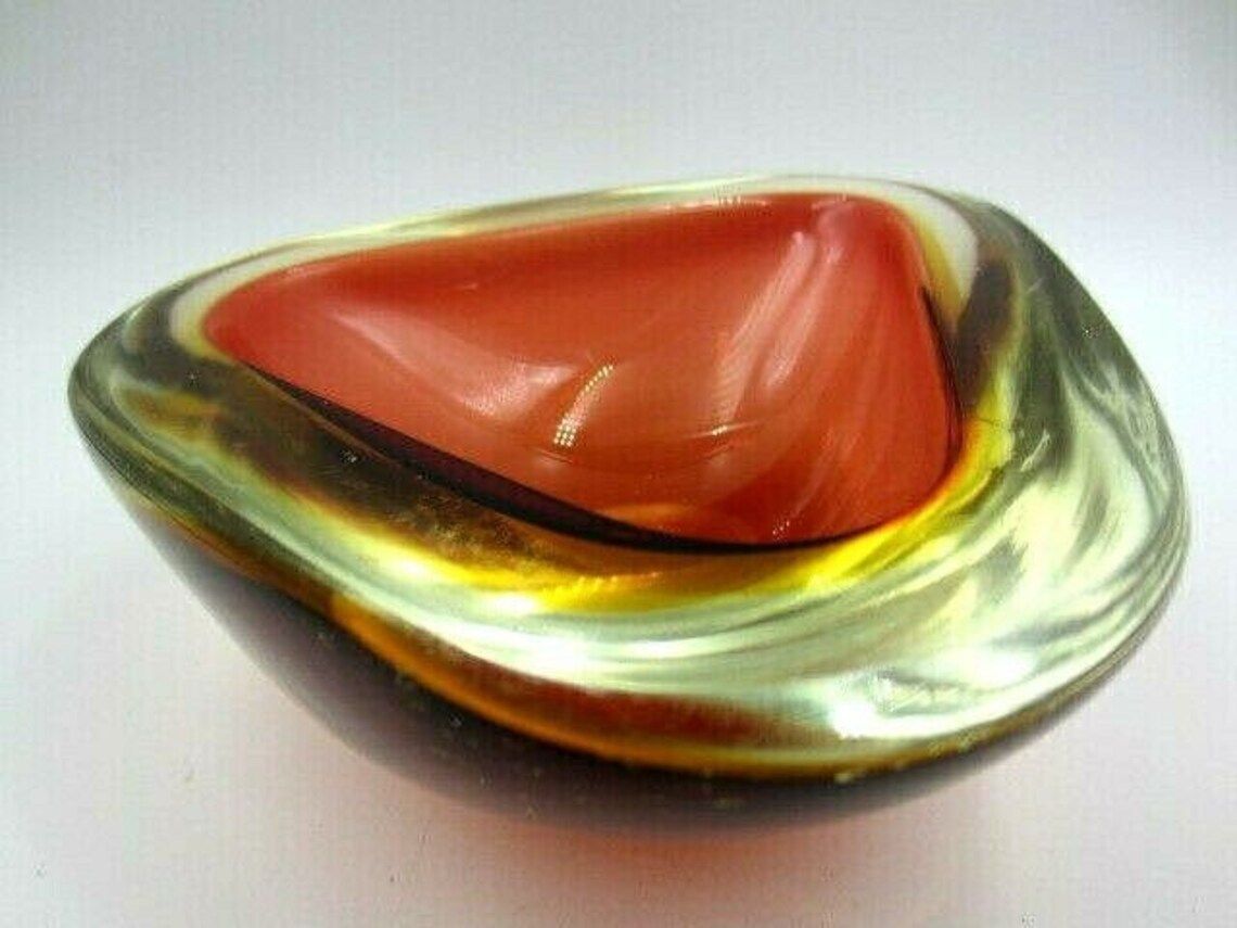 Murano Poli Seguso Era Xl Amber / Amber Art Glass Mid Century Tricorn Geode Bowl photo for sale
