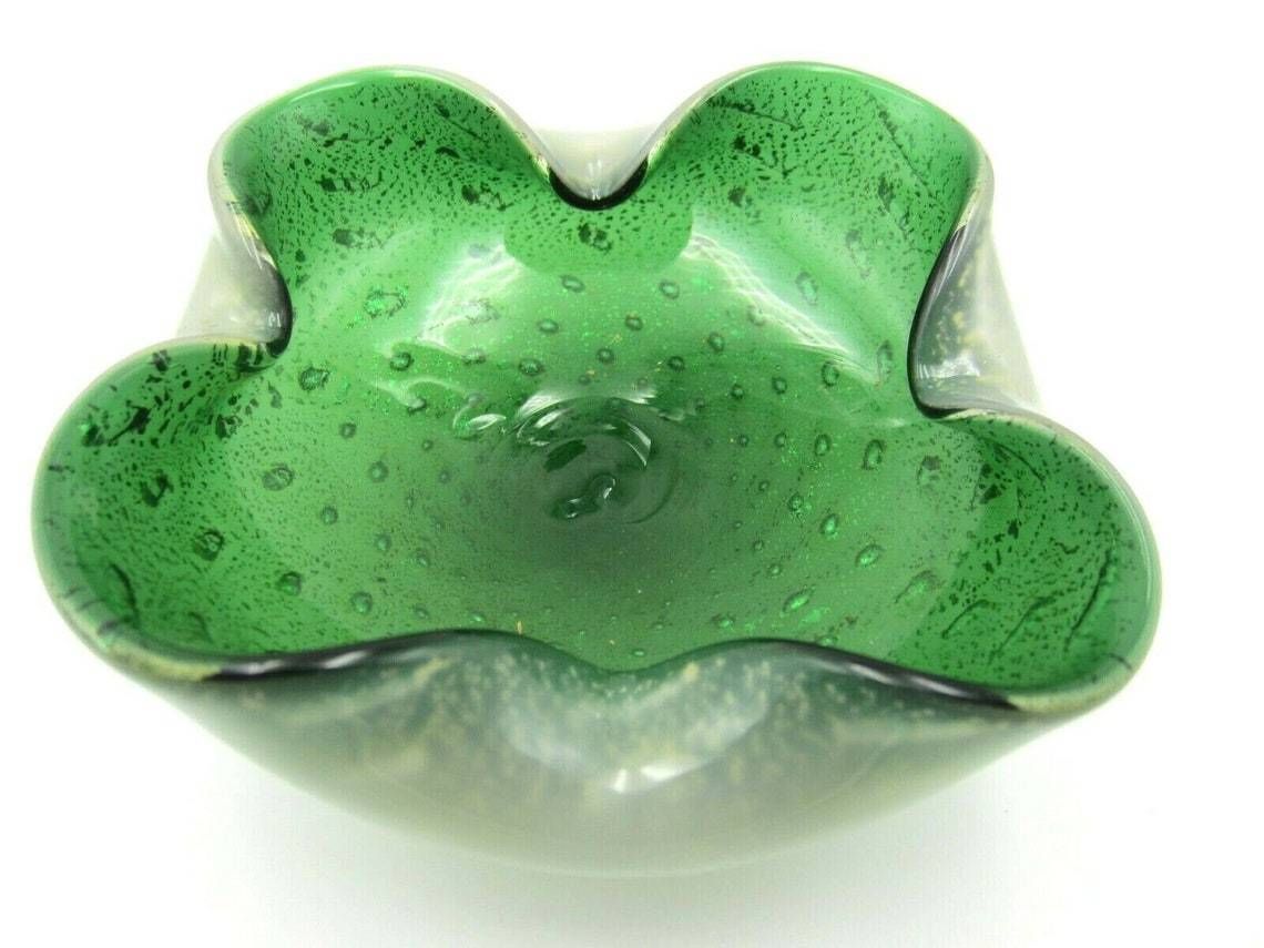 Stunning Barbini Green Murano Art Glass Bullicante, Aventurine And Opline Bowl photo buy