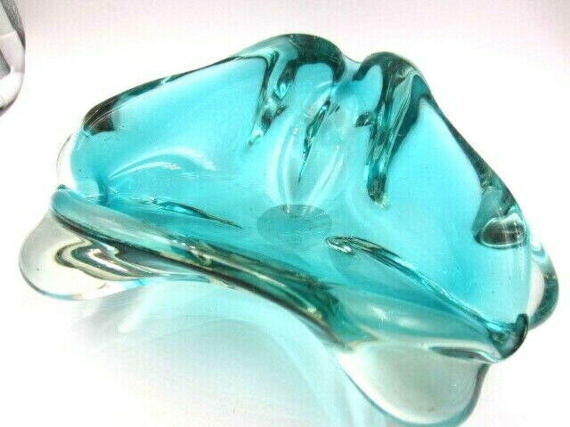 Freeform Stunning Teal Blue Murano Sommerso Lobed Triangle Art Glass Bowl photo vinterior
