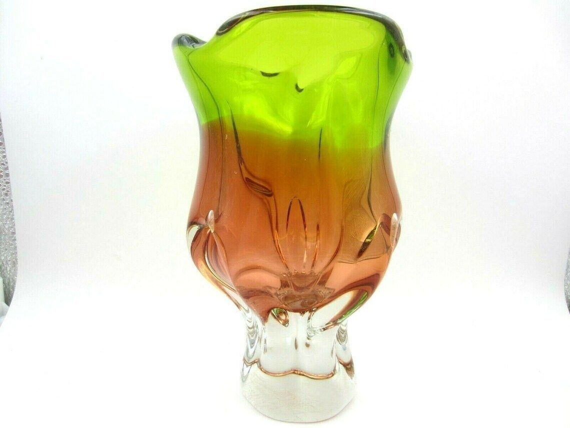 Beautiful Chribska Sommerso Style Art Glass Tulip Vase Vibrant Green And Orange photo vinterior