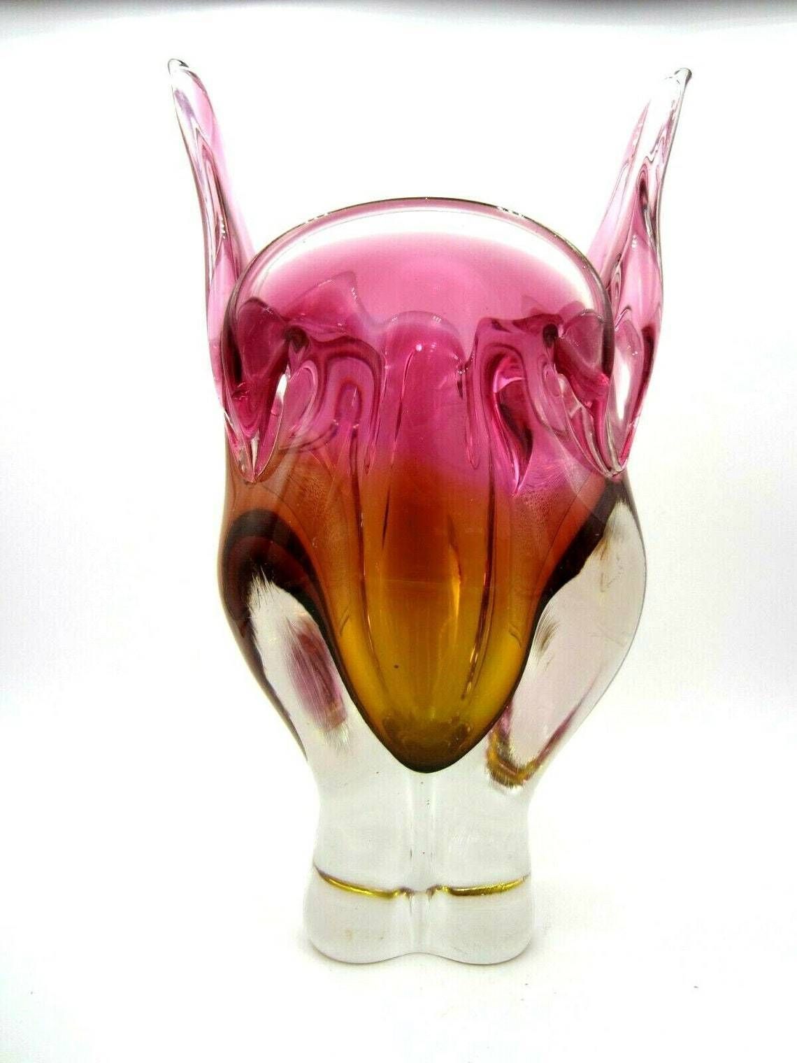 Mid Century Amber And Pink Art Glass Chribska Sommerso Large Cats Head Vase photo buy