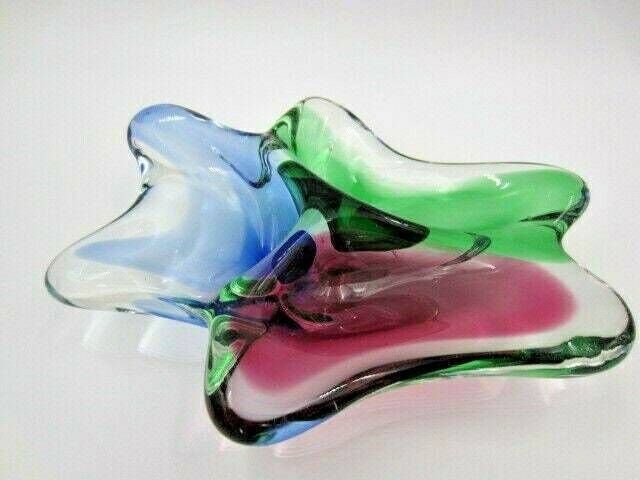 Murano Poli Seguso Era Freeform Blue Pink Green Three Section Sommerso Bowl