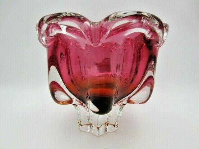 Sommerso Chribska Xxl Organic Foot Round Pink And Amber Art Glass Centrepiece Bowl photo buy