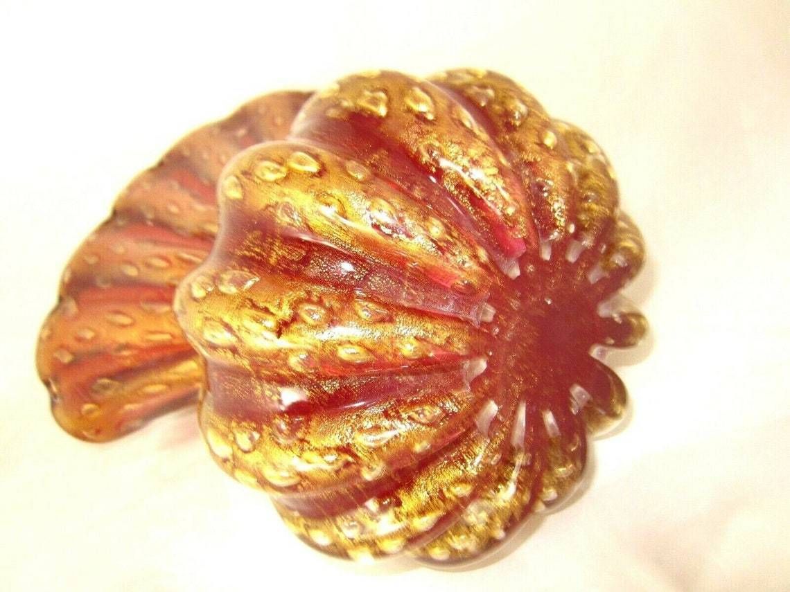 Murano 12in Barovier And Toso Cordonato Doro Gold Red Art Glass Large Fan Vase photo vinterior