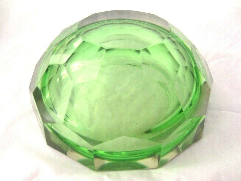 photo for sale Murano Mandruzzato 25cm 6kg Green Sommerso Diamond Cut Art Glass Caviar Bowl Xxl