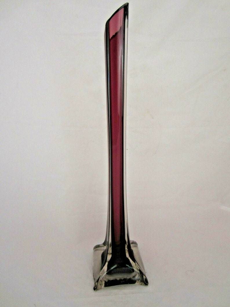 Stylish Mid Century Modern Tall Plum Colour Sommerso Art Glass Lily Vase 42cm photo 76.0