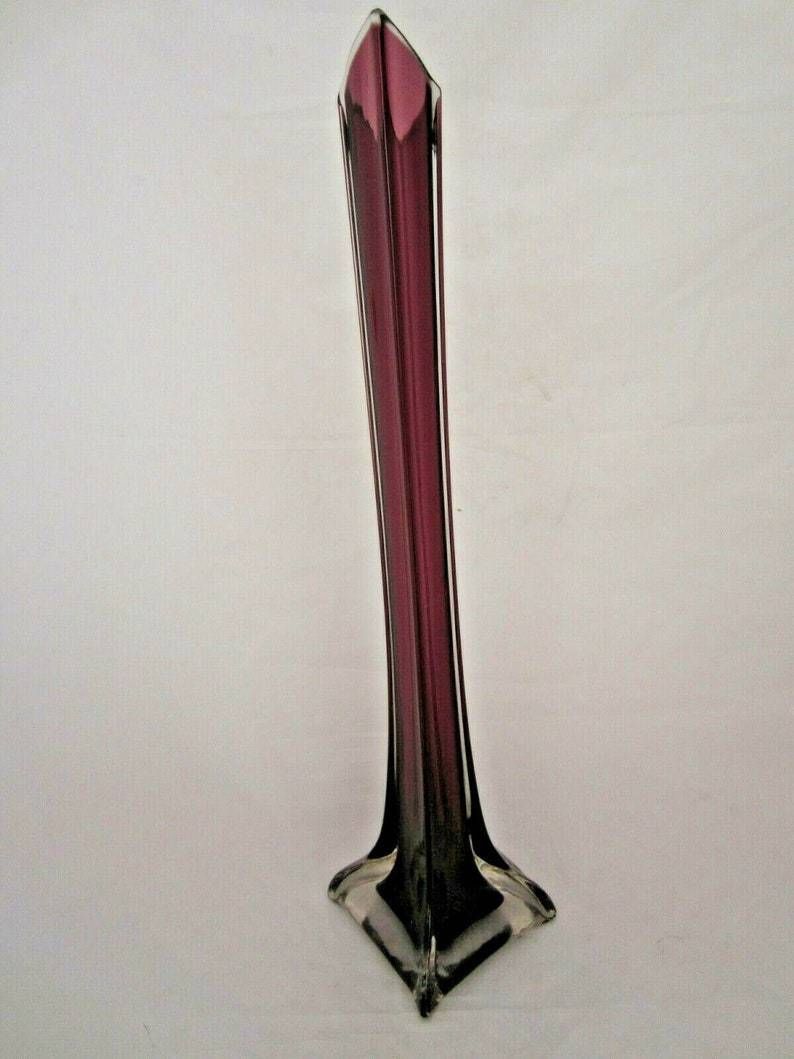 Stylish Mid Century Modern Tall Plum Colour Sommerso Art Glass Lily Vase 42cm photo vinterior