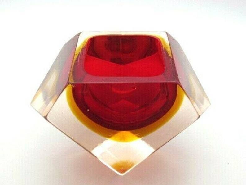 Murano Poli Seguso Era Diamond Sommerso Red And Amber In Pink Art Glass Bowl photo buy