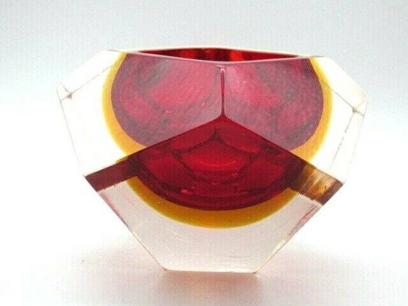 photo for sale Murano Poli Seguso Era Diamond Sommerso Red And Amber In Pink Art Glass Bowl