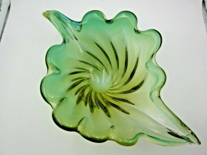 Murano Mid Century Green Opaline And Amber Leaf Bowl Barovier And Toso Italy photo furniture
