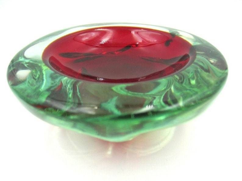 Red In Green Poli Seguso Era Sommerso Art Glass Jelly Mould Bowl Murano 1950s
