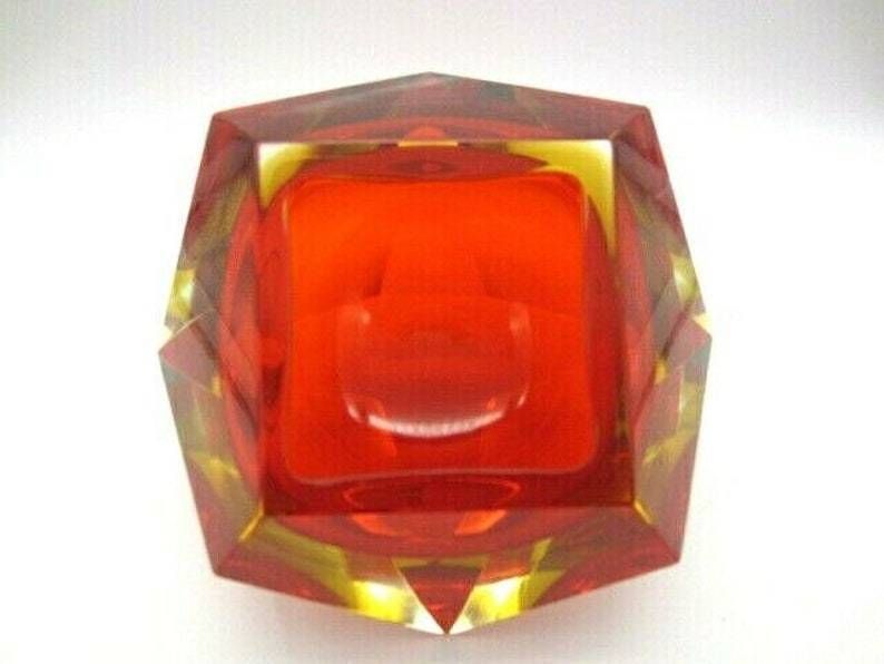 Xxl Murano Sommerso Red Amber Poli Seguso Era Large Facet Cut Art Glass Bowl photo vinterior